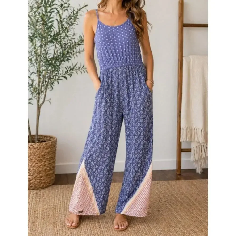 Matilda Jane Lets go together Open Road Jumpsuit Blue Mixed Print Medium NEW